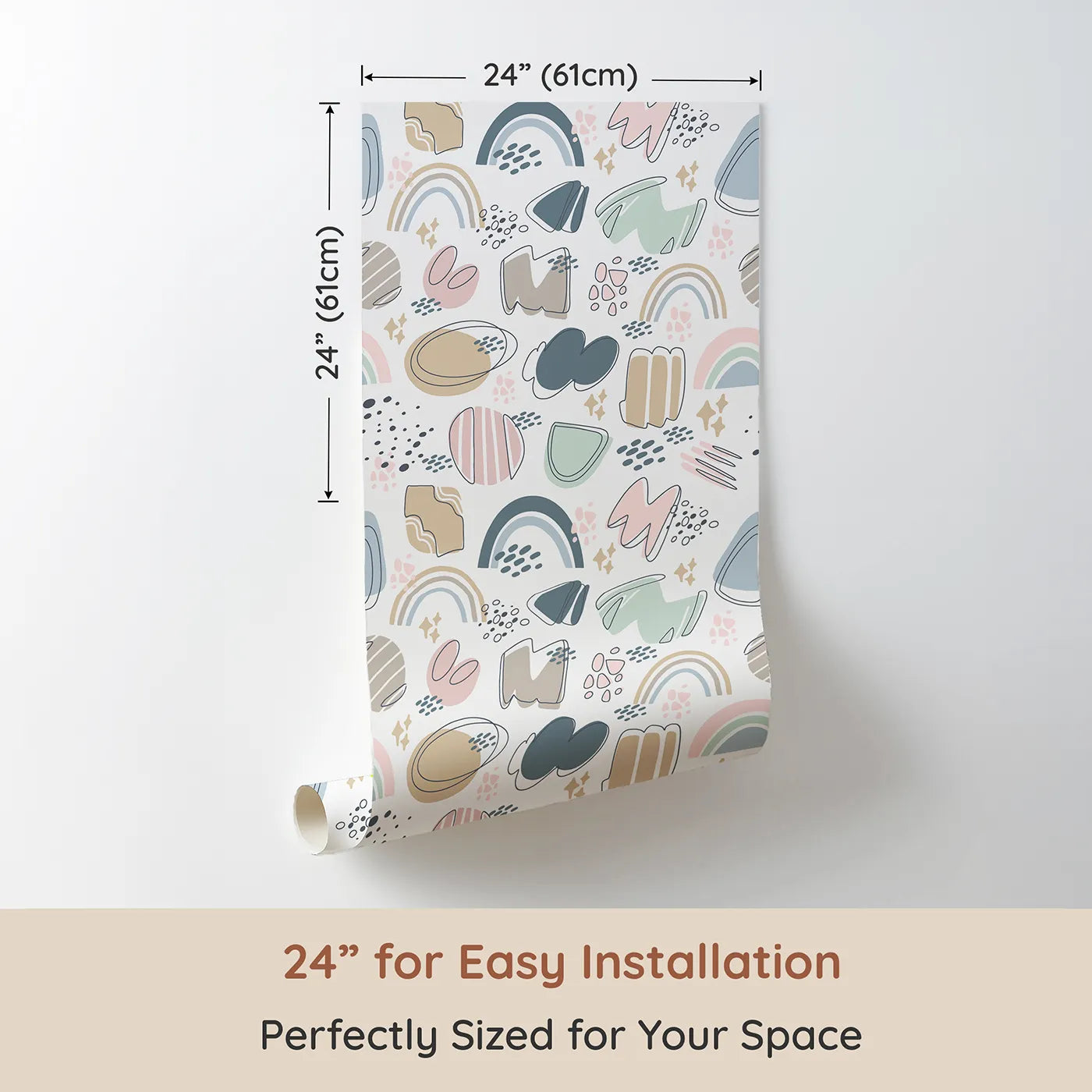 Dimension view of Whimsy Tots Pastel Scribble Rainbow Wallpaper (W3138). Printed in 24-inch-wide panel for easy installation. Rainbows and doodles bounce across a dreamy pastel canvas.