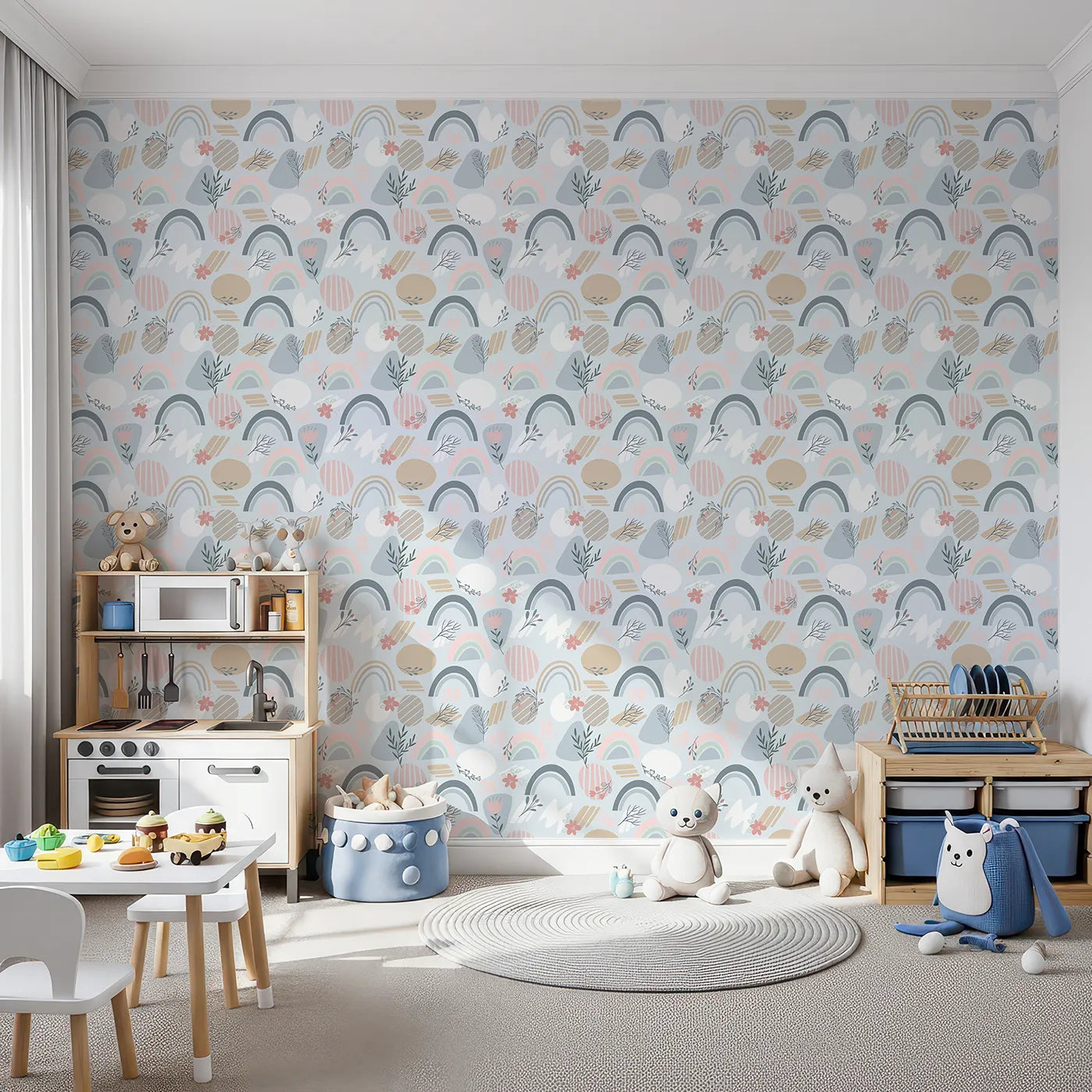 Front view of Whimsy Tots' Pastel Bloom Rainbow Wallpaper in Sky Blue