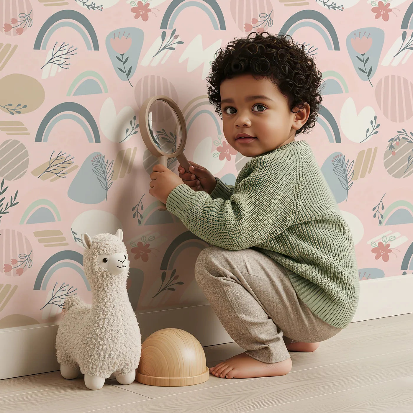 Lovely child standing in front of Whimsy Tots Pastel Bloom Rainbow Wallpaper in Blush Pink with rainbow, flower, arc, leaf, petal in design.