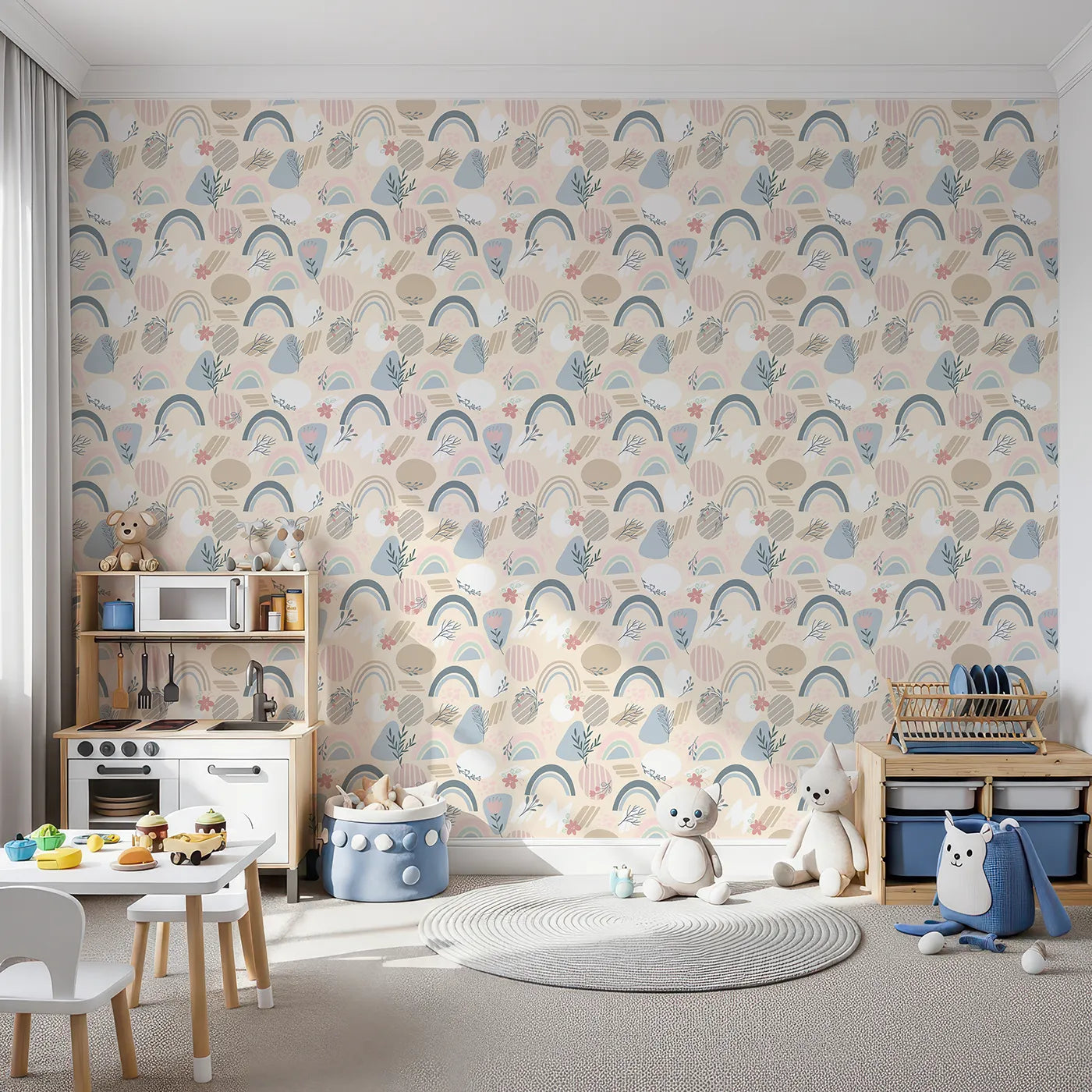 Front view of Whimsy Tots' Pastel Bloom Rainbow Wallpaper in Cream