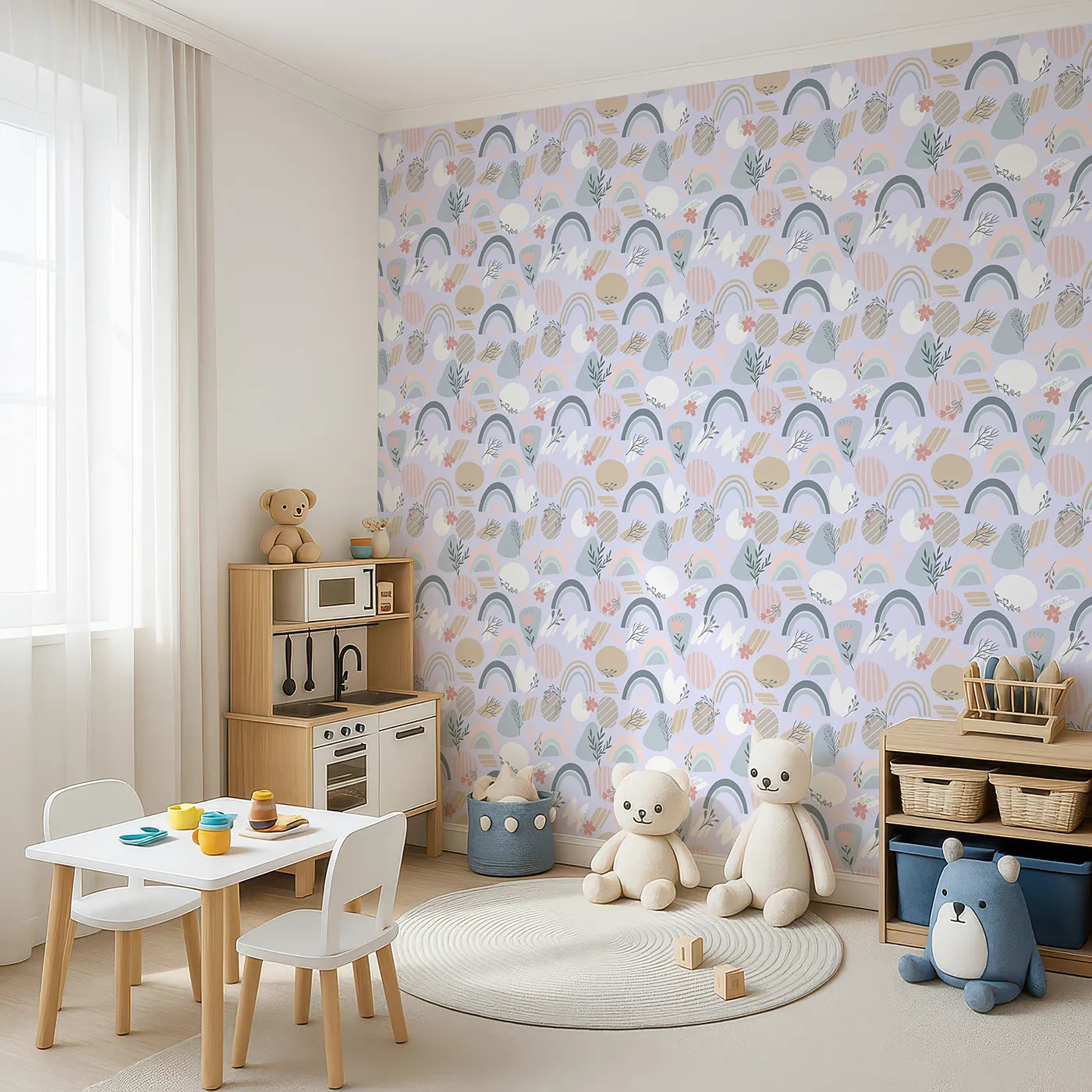 Angled view of Whimsy Tots' Pastel Bloom Rainbow Wallpaper in Lavender (W3139E).Soft rainbows and florals drift gently across a lilac-hued dreamscape.