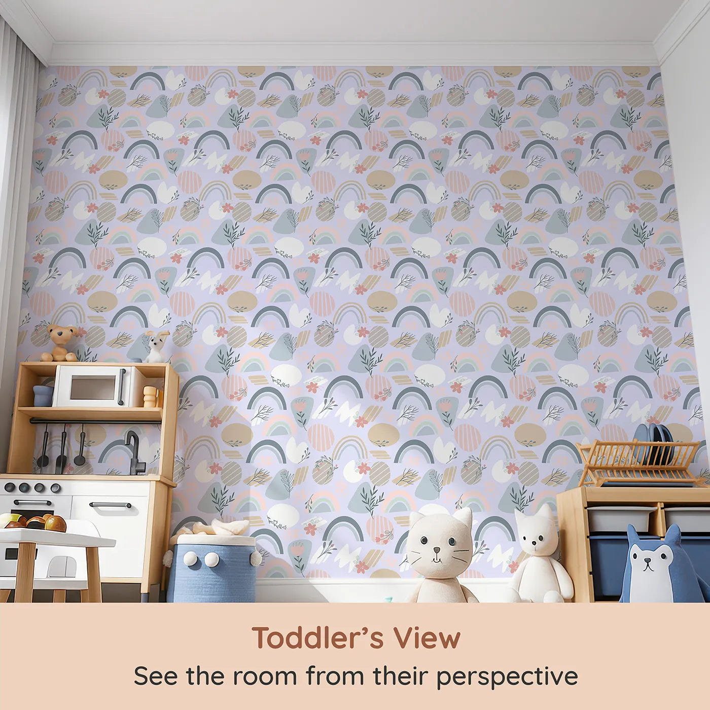 Whimsy Tots Pastel Bloom Rainbow Wallpaper in Lavender (W3139E) from your child's view.Soft rainbows and florals drift gently across a lilac-hued dreamscape.