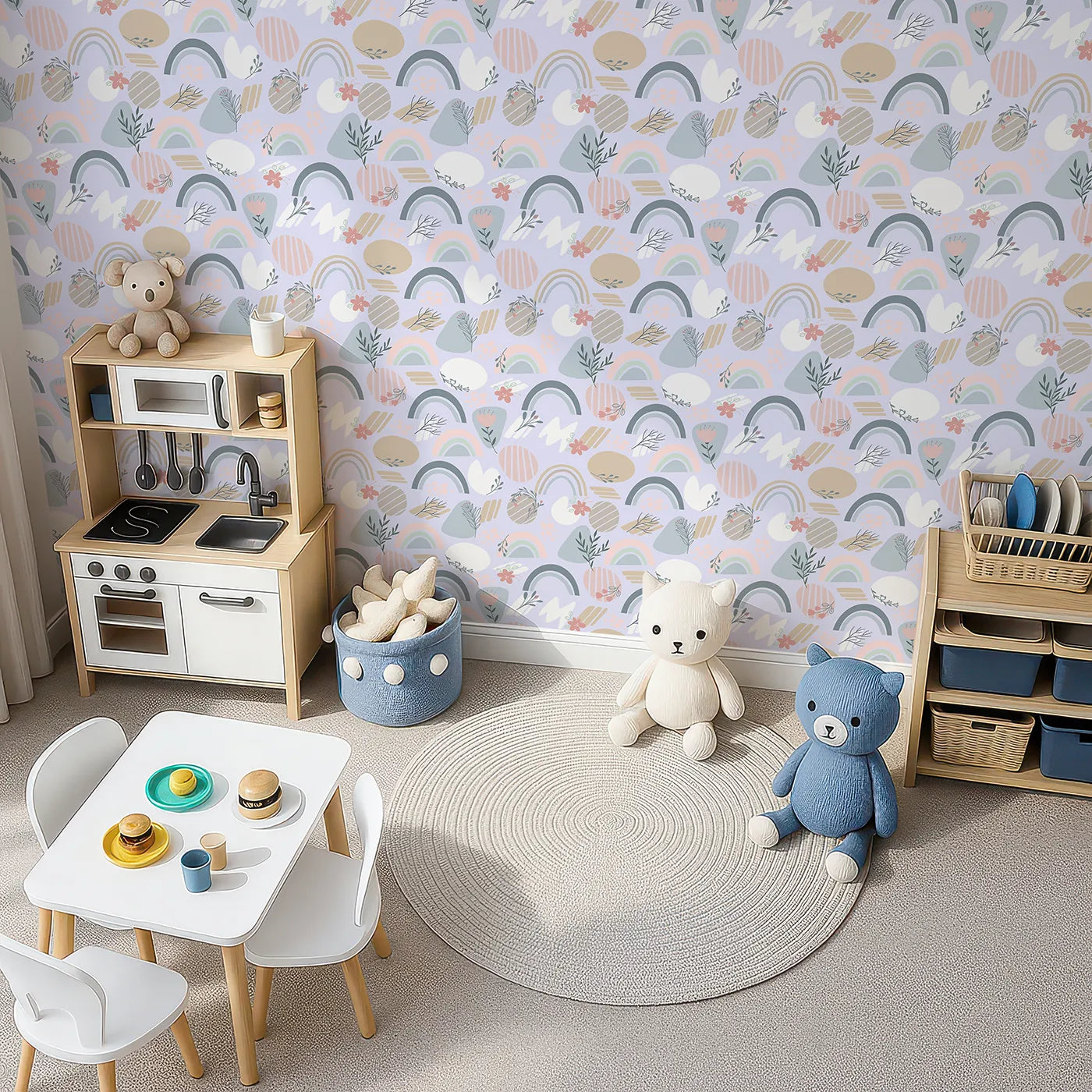 Top-Down view of Whimsy Tots' Pastel Bloom Rainbow Wallpaper in Lavender (W3139E).Soft rainbows and florals drift gently across a lilac-hued dreamscape.