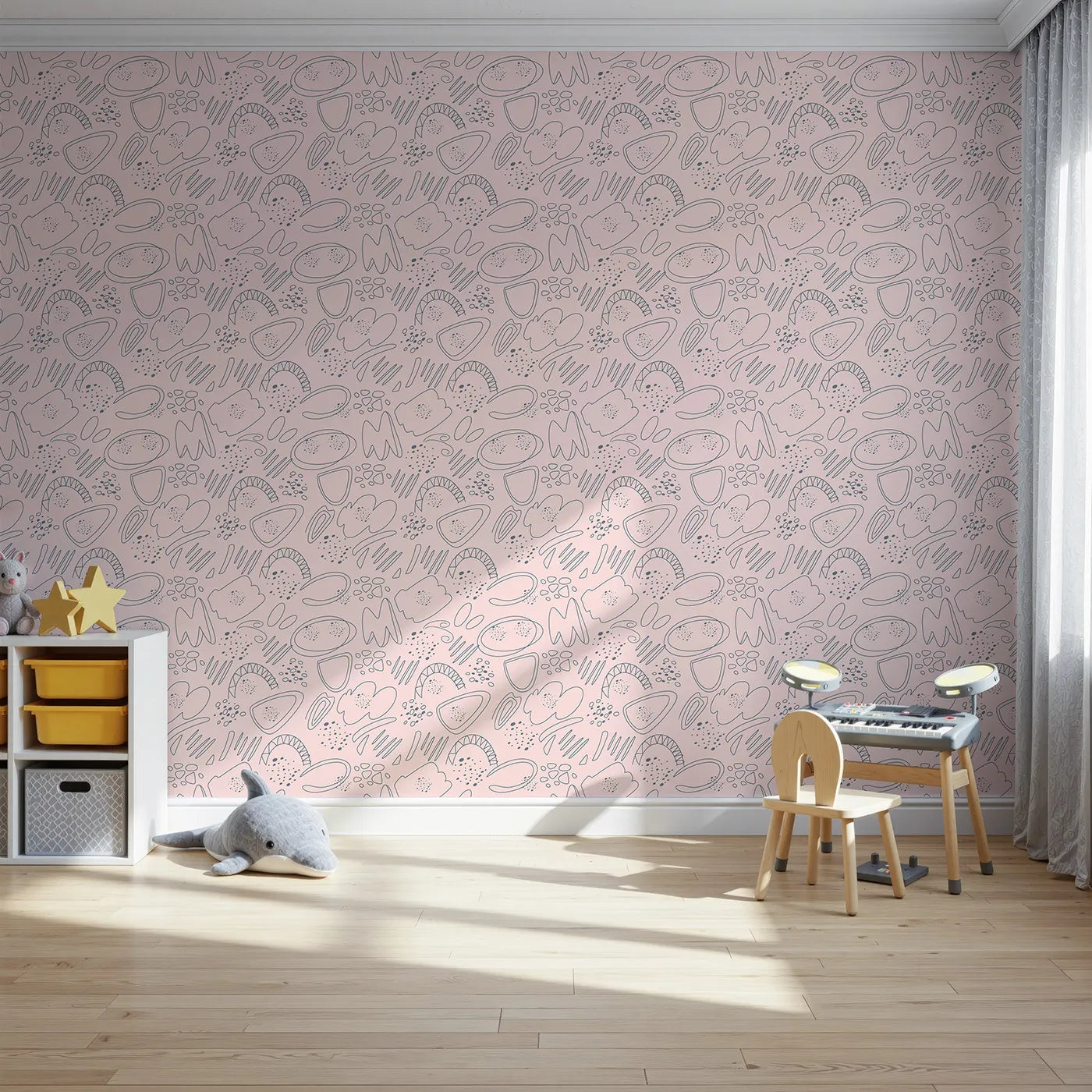 Front view of Whimsy Tots' Doodle Meadow Shapes Wallpaper in Blush Pink