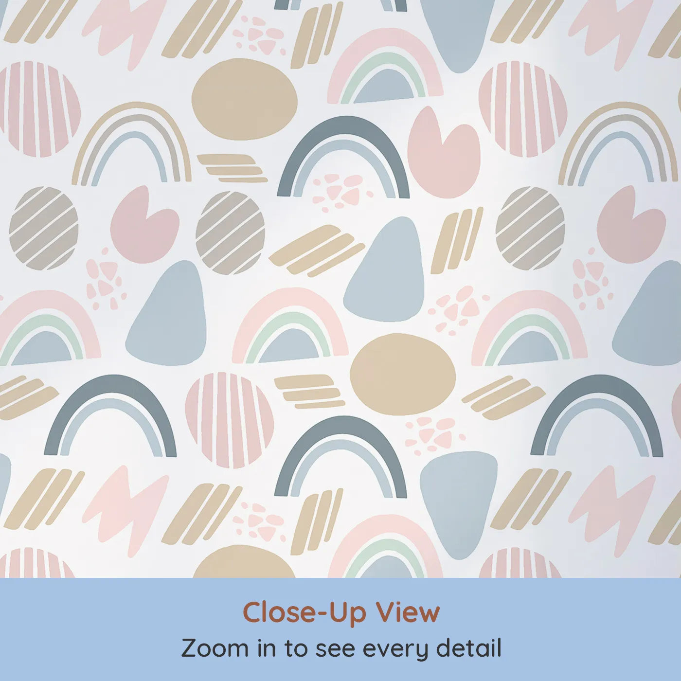 Close-up view of Whimsy Tots' Rainbow Petal Shapes Wallpaper in White (W3141A).Gentle pastel shapes and rainbows create a playful modern story.