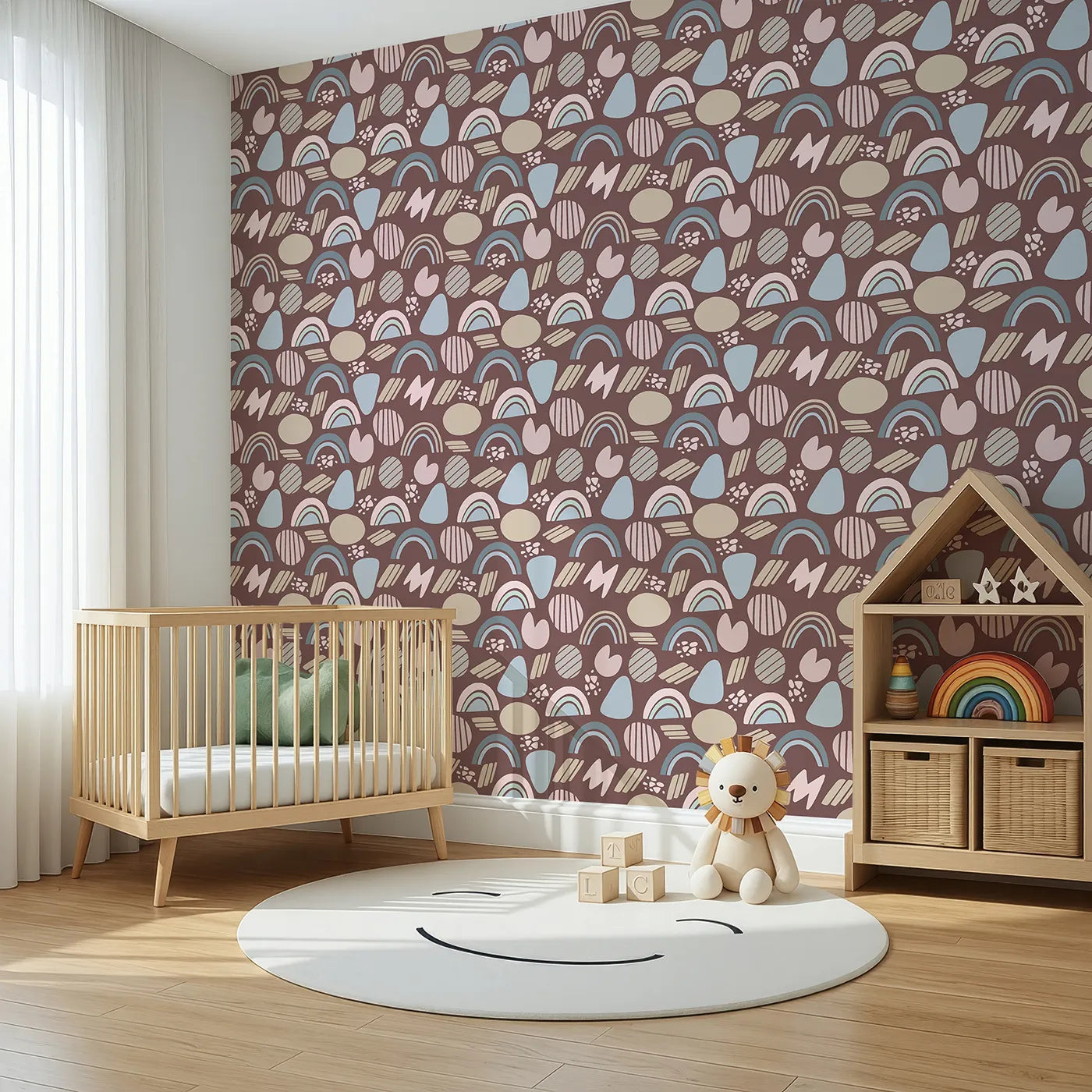 Angled view of Whimsy Tots' Rainbow Petal Shapes Wallpaper in Cocoa Brown (W3141B).Pastel shapes pop gently against a rich cocoa backdrop.