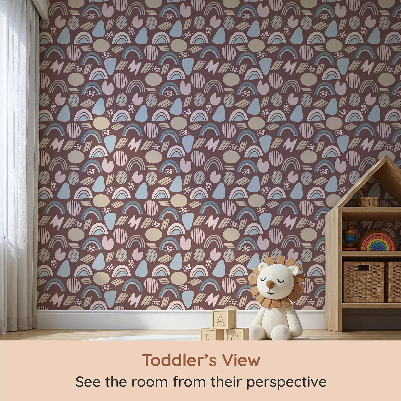 Whimsy Tots Rainbow Petal Shapes Wallpaper in Cocoa Brown (W3141B) from your child's view.Pastel shapes pop gently against a rich cocoa backdrop.