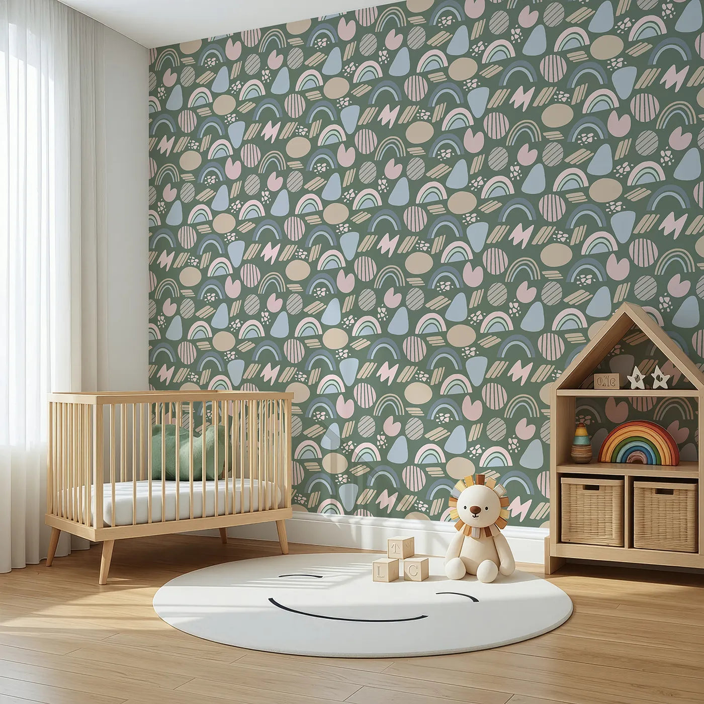 Angled view of Whimsy Tots' Rainbow Petal Shapes Wallpaper in Forest Green (W3141C).Soft rainbow shapes bloom against a grounding forest green.