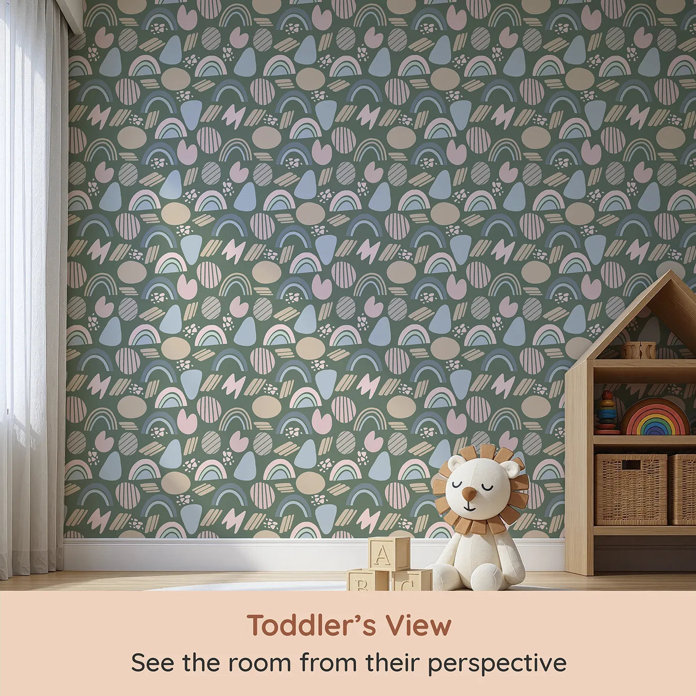 Whimsy Tots Rainbow Petal Shapes Wallpaper in Forest Green (W3141C) from your child's view.Soft rainbow shapes bloom against a grounding forest green.