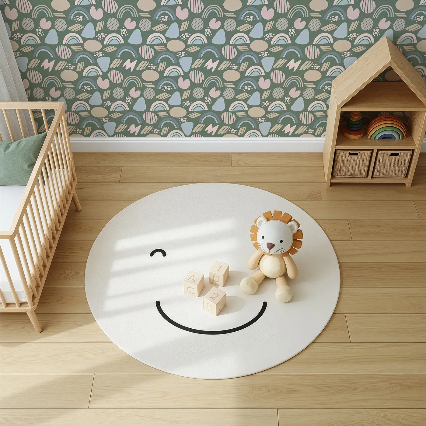 Top-Down view of Whimsy Tots' Rainbow Petal Shapes Wallpaper in Forest Green (W3141C).Soft rainbow shapes bloom against a grounding forest green.