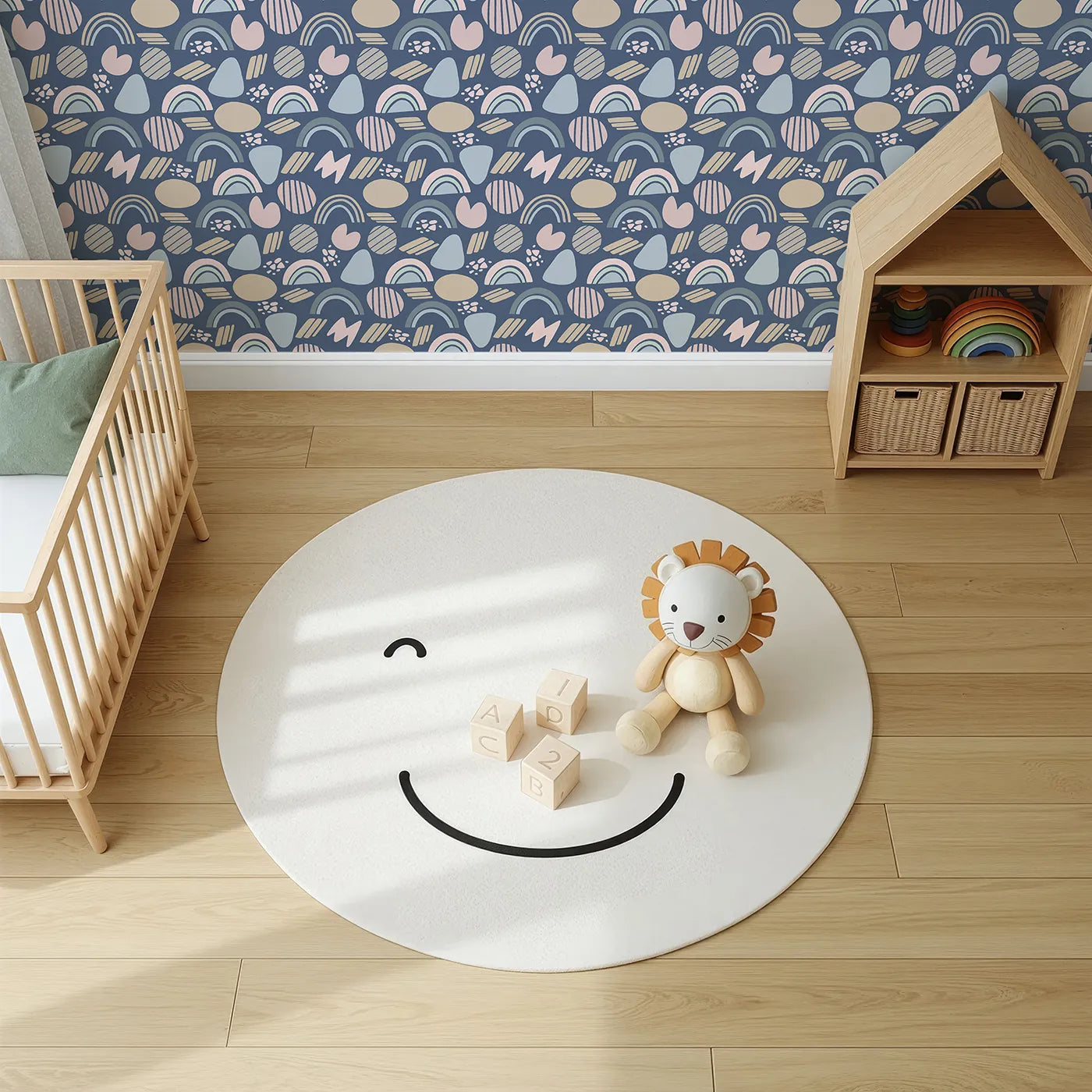 Top-Down view of Whimsy Tots' Rainbow Petal Shapes Wallpaper in Midnight Blue (W3141D).Soft shapes glow gently against a deep midnight sky.