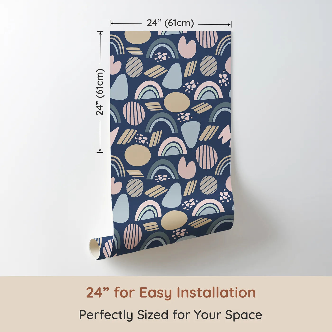 Dimension view of Whimsy Tots Rainbow Petal Shapes Wallpaper in Midnight Blue (W3141D). Printed in 24-inch-wide panel for easy installation. Soft shapes glow gently against a deep midnight sky.