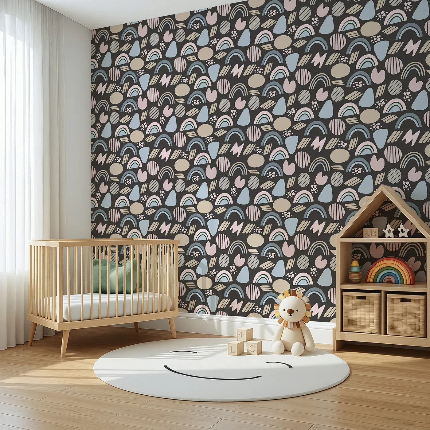Angled view of Whimsy Tots' Rainbow Petal Shapes Wallpaper in Charcoal Gray (W3141E).Pastels shine softly across a deep charcoal backdrop.