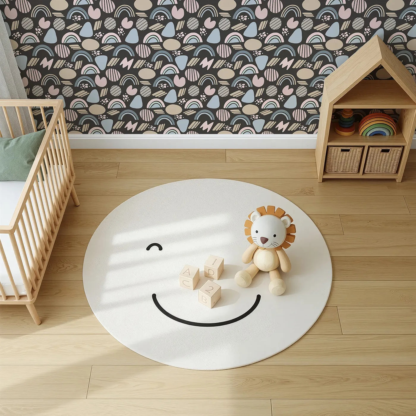 Top-Down view of Whimsy Tots' Rainbow Petal Shapes Wallpaper in Charcoal Gray (W3141E).Pastels shine softly across a deep charcoal backdrop.