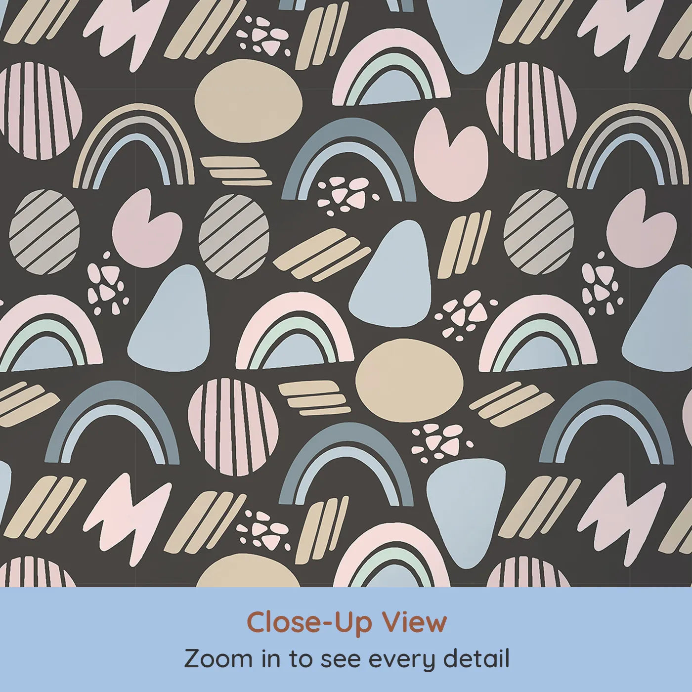 Close-up view of Whimsy Tots' Rainbow Petal Shapes Wallpaper in Charcoal Gray (W3141E).Pastels shine softly across a deep charcoal backdrop.