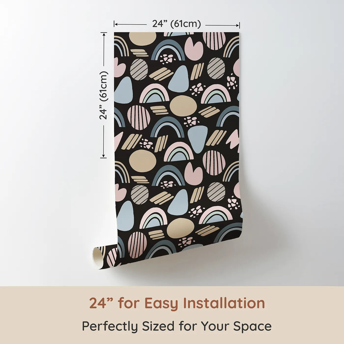 Dimension view of Whimsy Tots Rainbow Petal Shapes Wallpaper in Charcoal Gray (W3141E). Printed in 24-inch-wide panel for easy installation. Pastels shine softly across a deep charcoal backdrop.