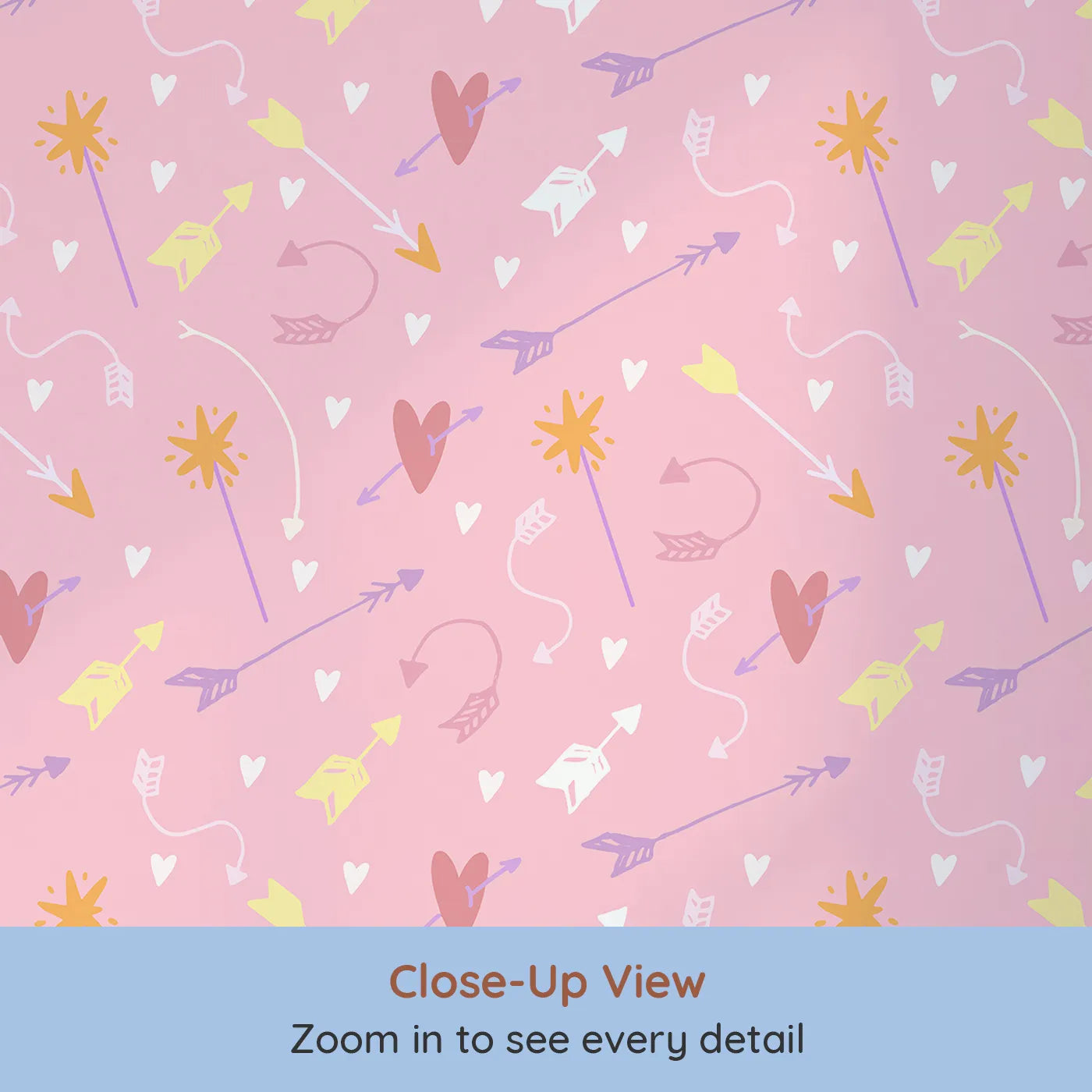 Close-up view of Whimsy Tots' Cupids Arrow Parade Wallpaper in Blush Pink (W3143A).Hearts and arrows dance across a candy-sweet pink sky.