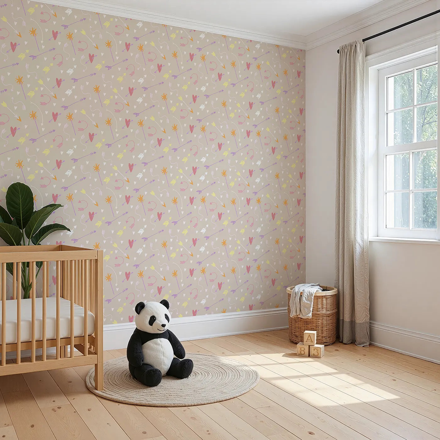 Angled view of Whimsy Tots' Cupids Arrow Parade Wallpaper in Cozy Beige (W3143B).Playful arrows and hearts twirl across a creamy beige canvas.