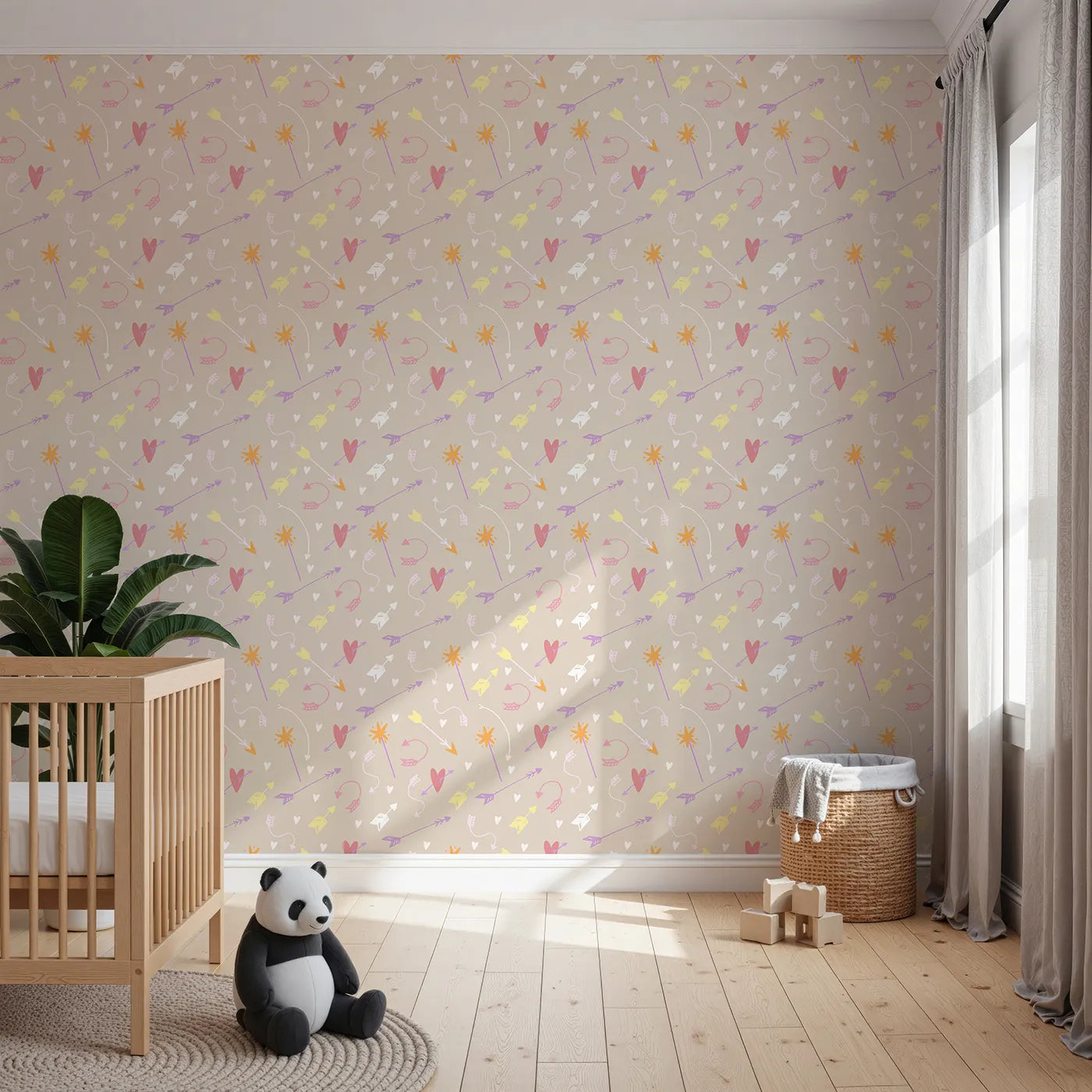 Front view of Whimsy Tots' Cupids Arrow Parade Wallpaper in Cozy Beige