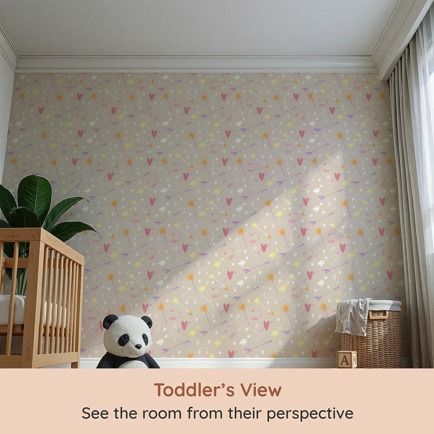 Whimsy Tots Cupids Arrow Parade Wallpaper in Cozy Beige (W3143B) from your child's view.Playful arrows and hearts twirl across a creamy beige canvas.