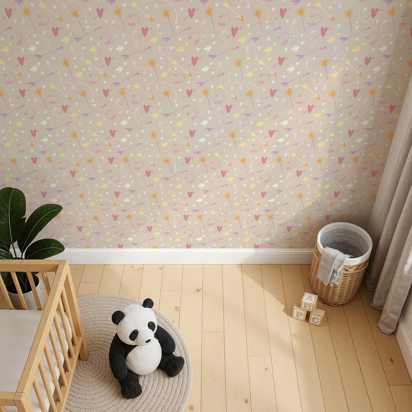 Top-Down view of Whimsy Tots' Cupids Arrow Parade Wallpaper in Cozy Beige (W3143B).Playful arrows and hearts twirl across a creamy beige canvas.