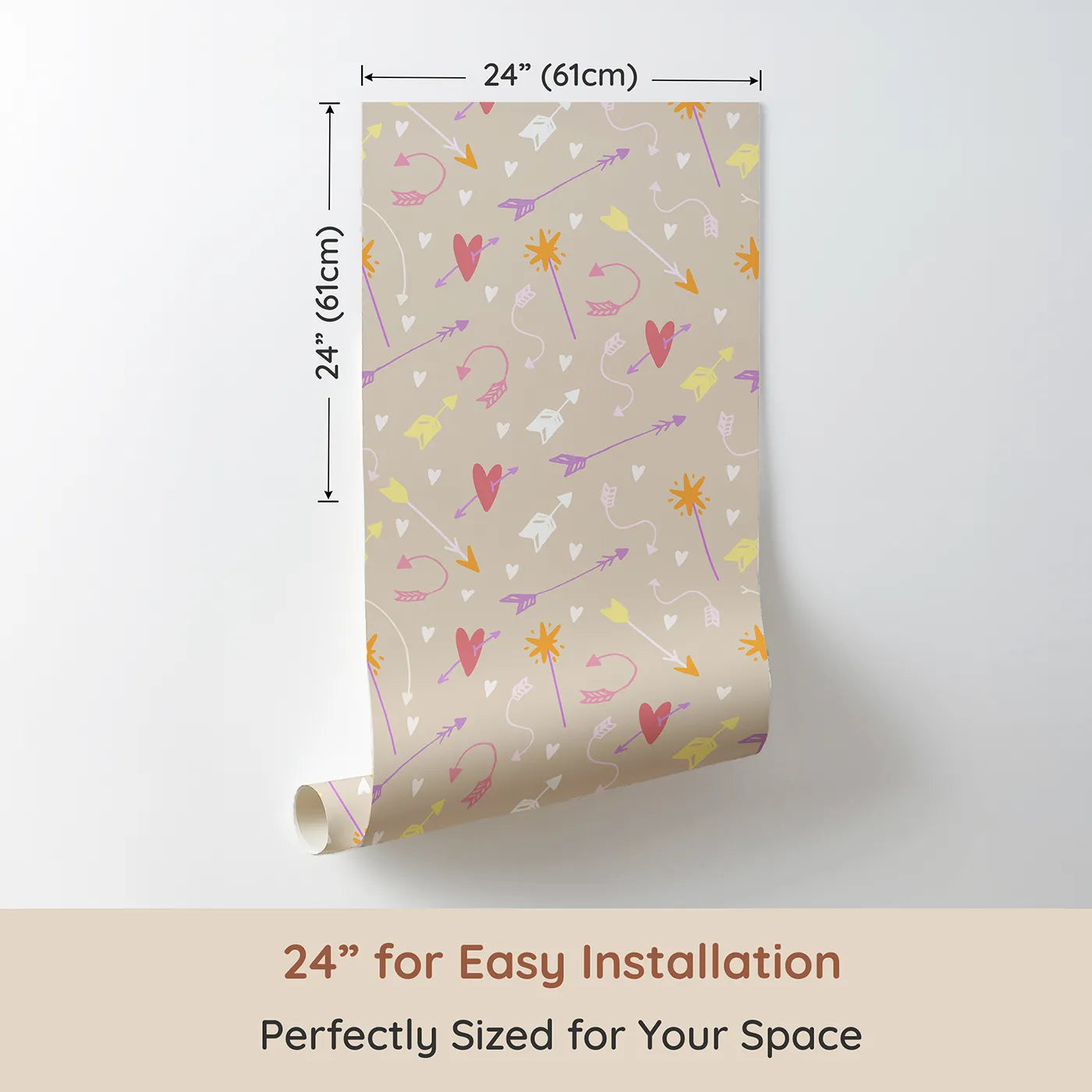 Dimension view of Whimsy Tots Cupids Arrow Parade Wallpaper in Cozy Beige (W3143B). Printed in 24-inch-wide panel for easy installation. Playful arrows and hearts twirl across a creamy beige canvas.