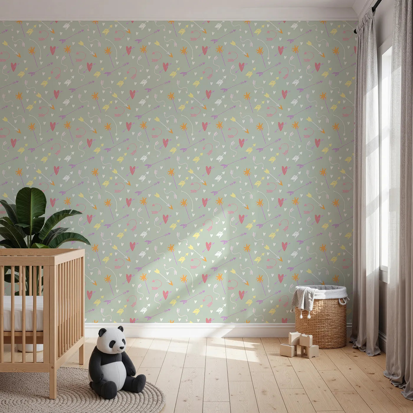 Front view of Whimsy Tots' Cupids Arrow Parade Wallpaper in Sage Whimsy Green