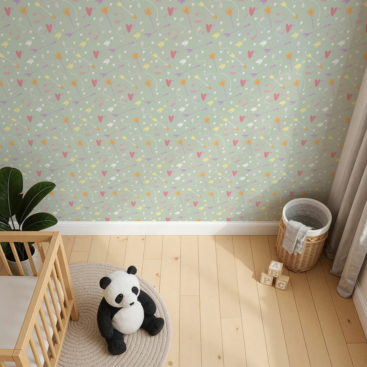 Top-Down view of Whimsy Tots' Cupids Arrow Parade Wallpaper in Sage Whimsy Green (W3143C).Arrows and hearts dance softly across a cool sage green field.