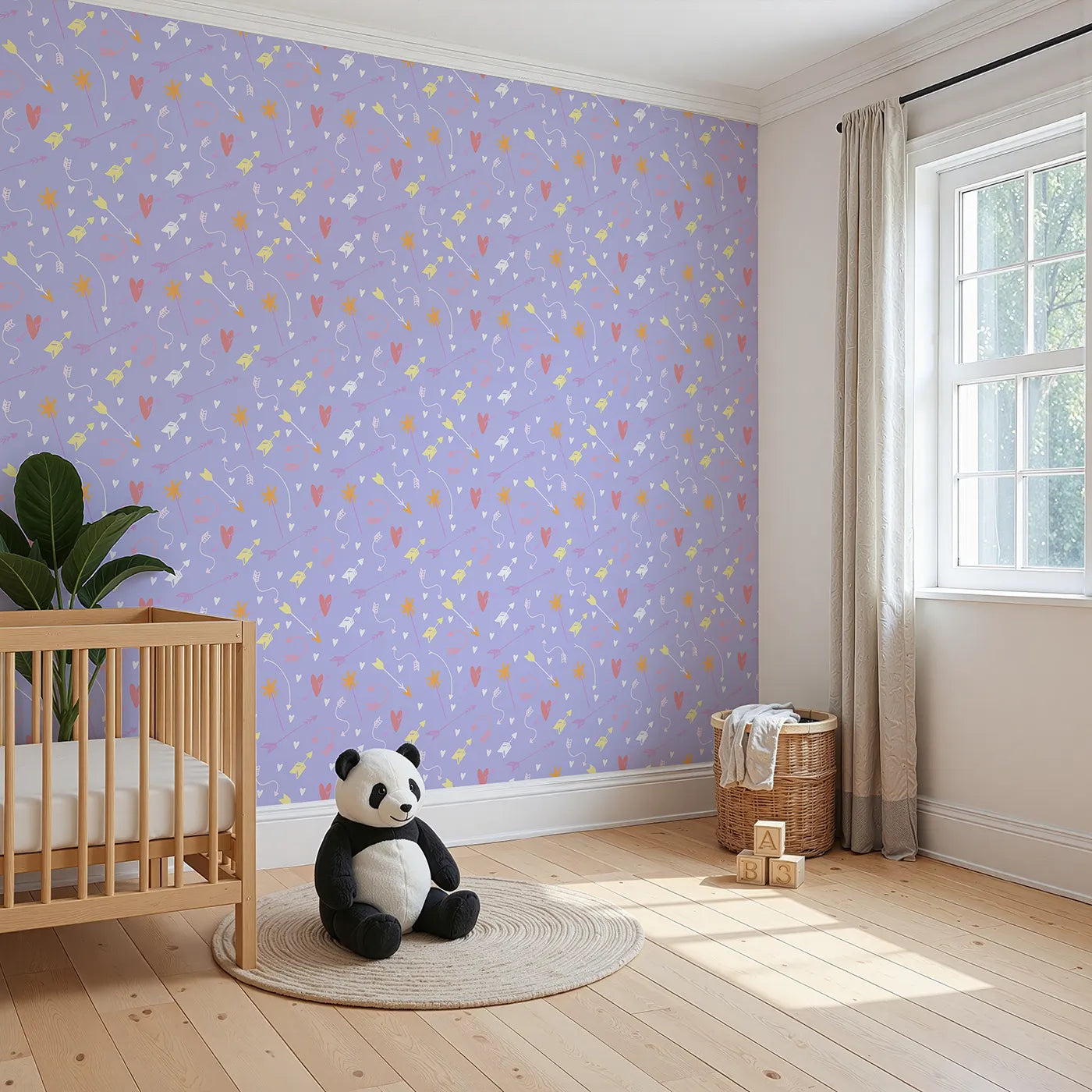 Angled view of Whimsy Tots' Cupids Arrow Parade Wallpaper in Lavender Pop (W3143E).Arrows and hearts burst across a soft lavender sky.