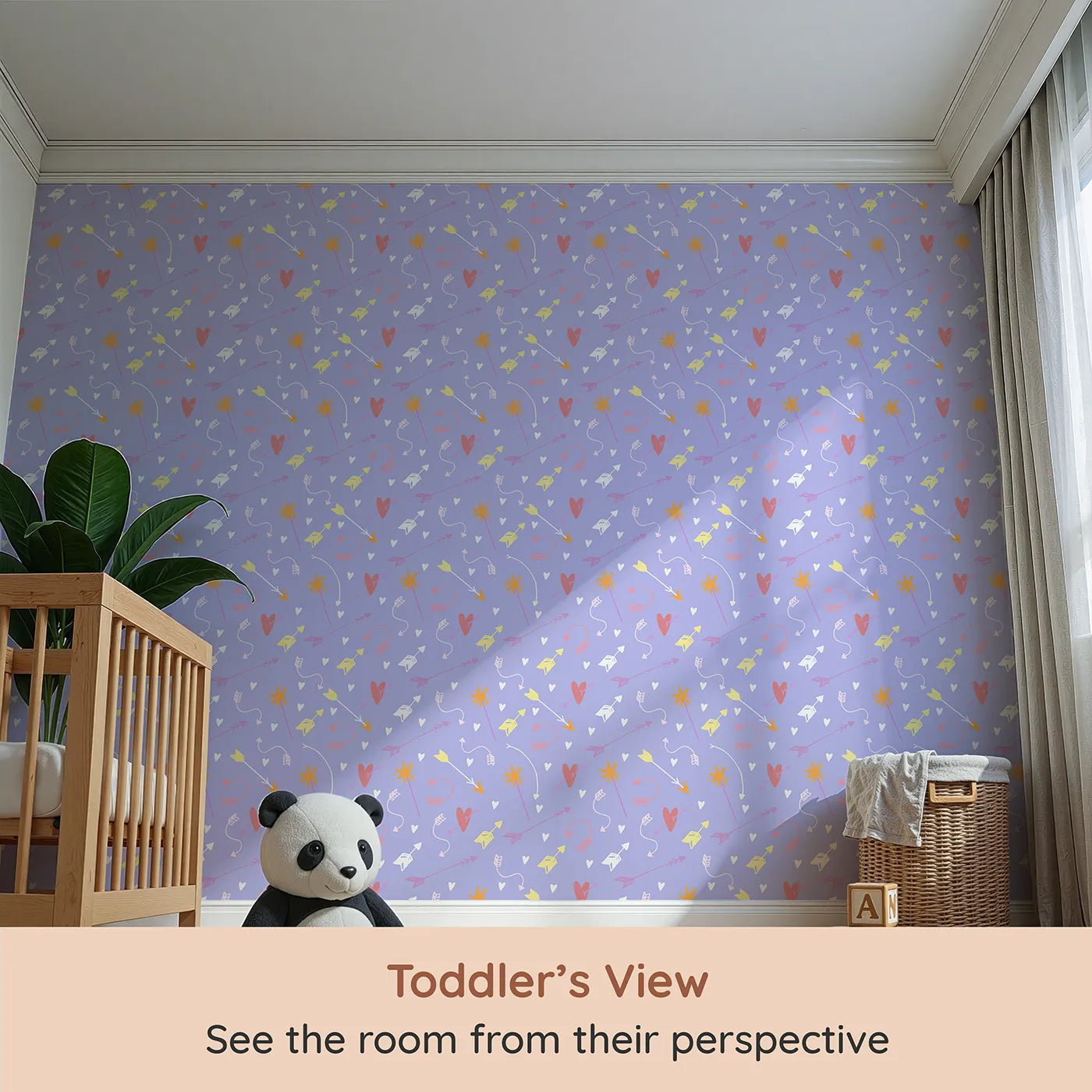 Whimsy Tots Cupids Arrow Parade Wallpaper in Lavender Pop (W3143E) from your child's view.Arrows and hearts burst across a soft lavender sky.