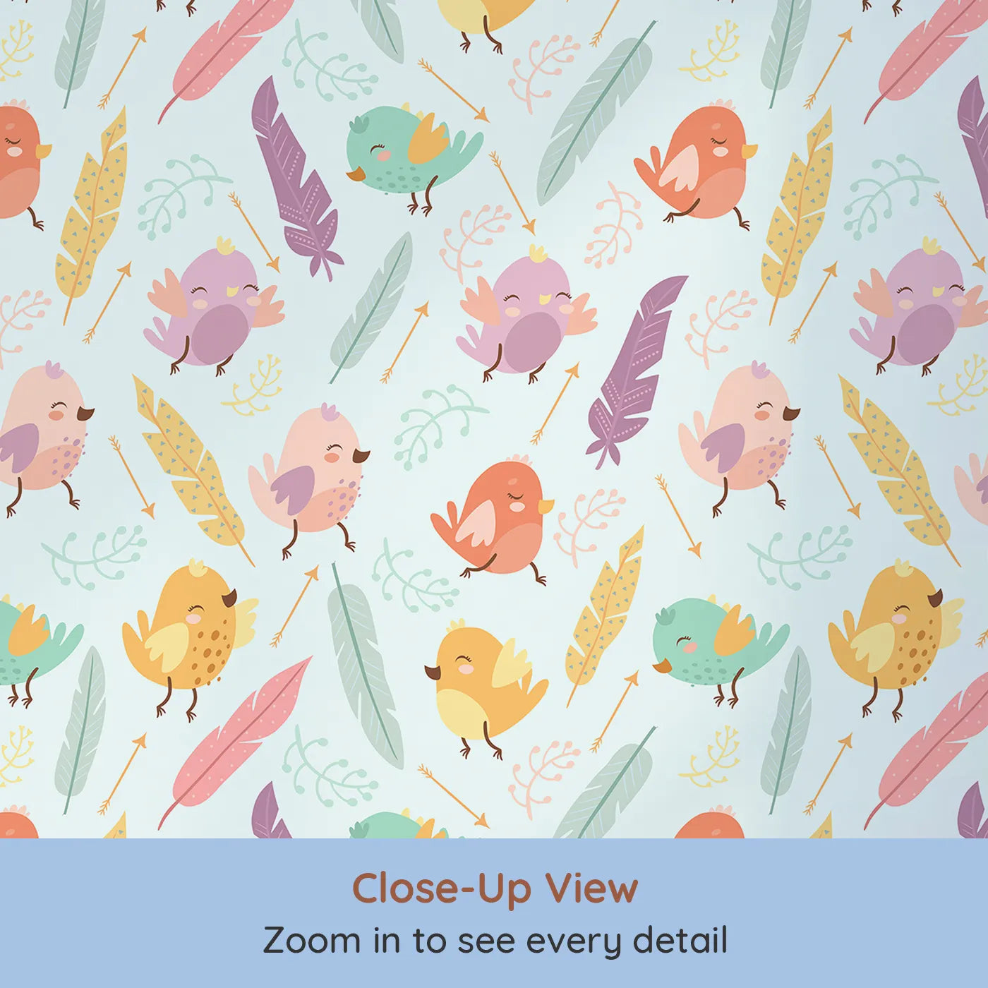 Close-up view of Whimsy Tots' Feathered Joy Parade Wallpaper in Sky Mint (W3144A).Happy birds and soft feathers flutter across a minty sky.