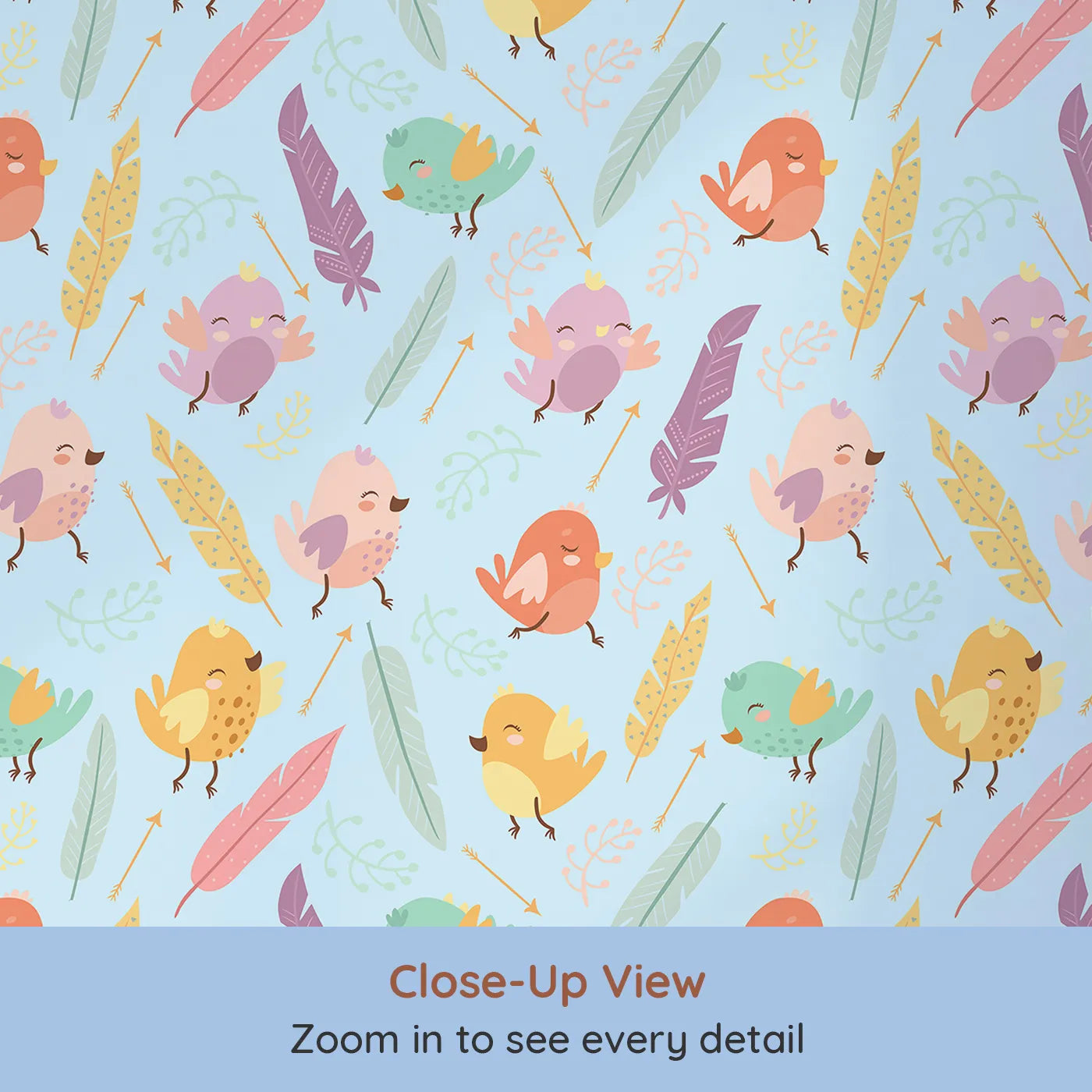 Close-up view of Whimsy Tots' Feathered Joy Parade Wallpaper in Sky Blue (W3144C).Bright birds and breezy feathers swirl across a sky blue field.