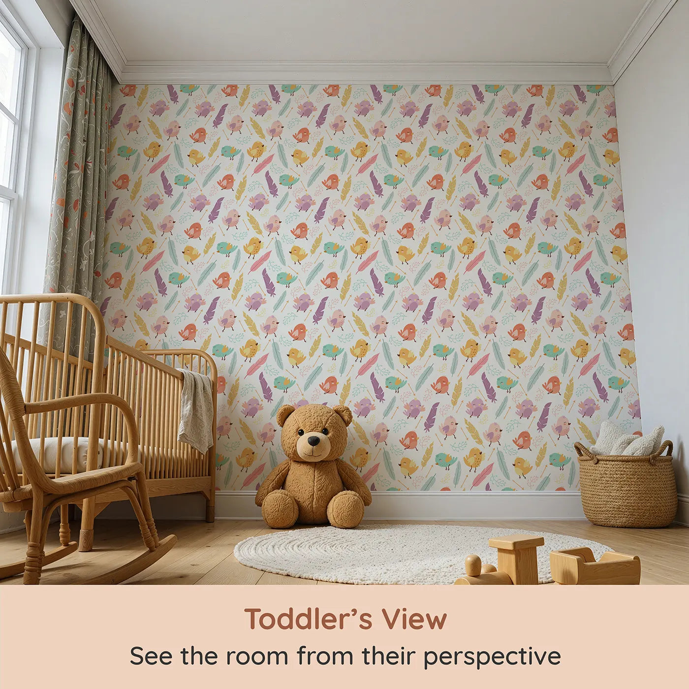Whimsy Tots Feathered Joy Parade Wallpaper in Cream White (W3144E) from your child's view.Pastel birds and floating feathers brighten a crisp cream backdrop.