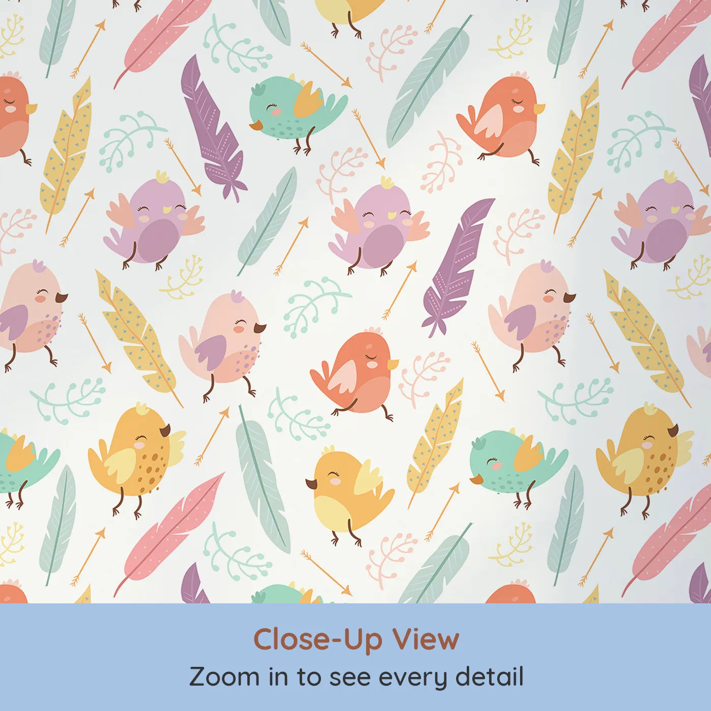 Close-up view of Whimsy Tots' Feathered Joy Parade Wallpaper in Cream White (W3144E).Pastel birds and floating feathers brighten a crisp cream backdrop.