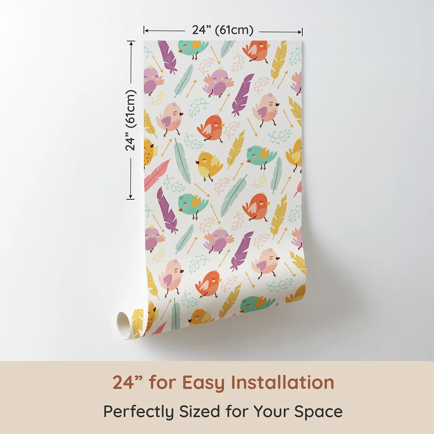 Dimension view of Whimsy Tots Feathered Joy Parade Wallpaper in Cream White (W3144E). Printed in 24-inch-wide panel for easy installation. Pastel birds and floating feathers brighten a crisp cream backdrop.