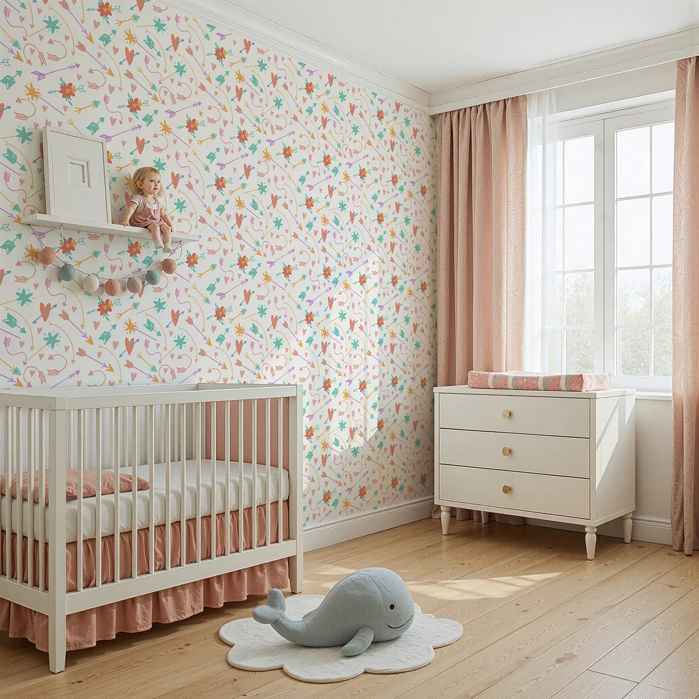Angled view of Whimsy Tots' Love and Arrows Bloom Parade Wallpaper in Cream Blush (W3145A).Hearts, arrows, and blossoms dance across a soft cream sky.
