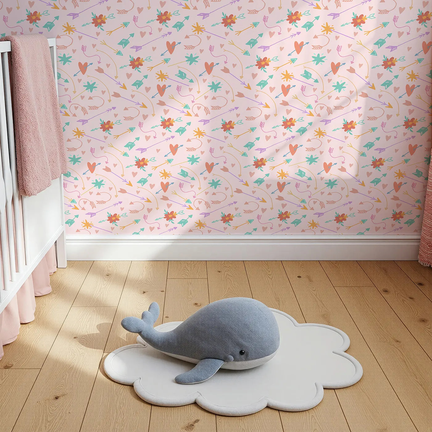 Top-Down view of Whimsy Tots' Love and Arrows Bloom Parade Wallpaper in Blush Pink (W3145B).Hearts and blossoms flutter across a candy-pink sky.