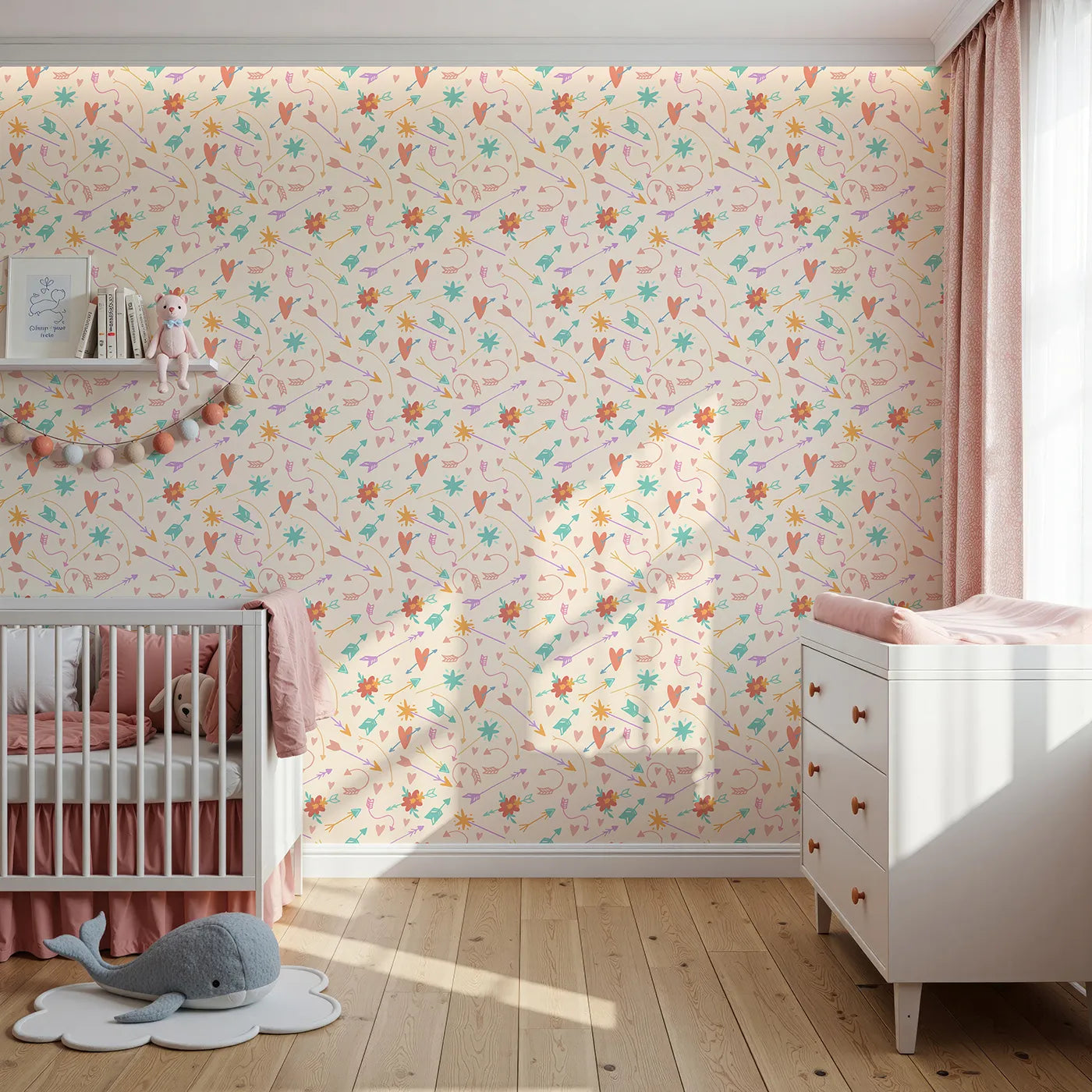Front view of Whimsy Tots' Love and Arrows Bloom Parade Wallpaper in Soft Peach