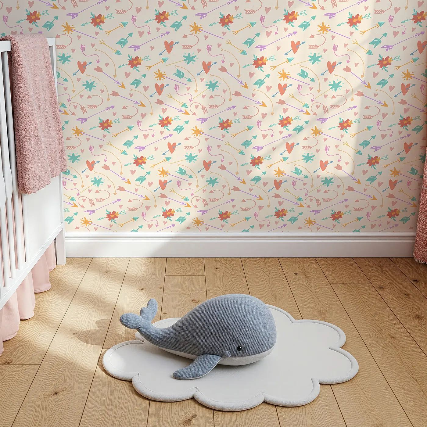 Top-Down view of Whimsy Tots' Love and Arrows Bloom Parade Wallpaper in Soft Peach (W3145C).Pastel arrows and blossoms dance across a gentle peachy field.