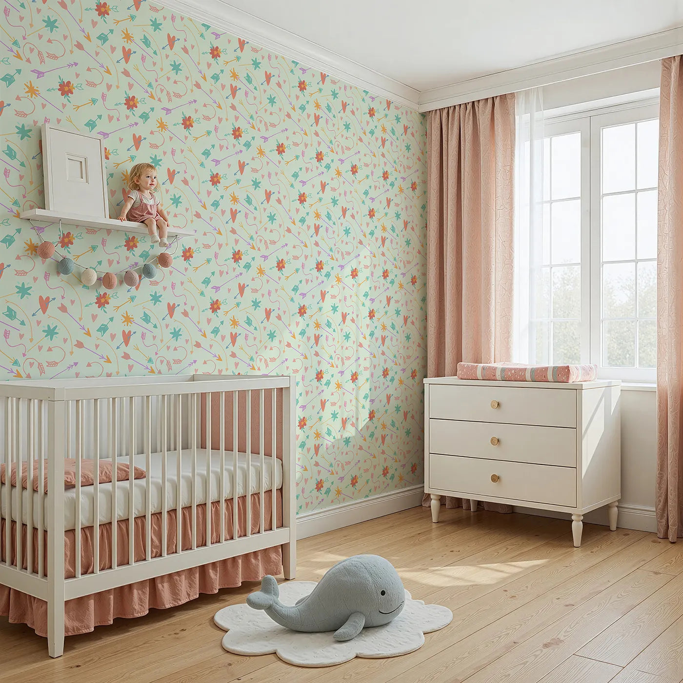 Angled view of Whimsy Tots' Love and Arrows Bloom Parade Wallpaper in Mint Green (W3145D).Blossoms and arrows float gently across a fresh minty green backdrop.