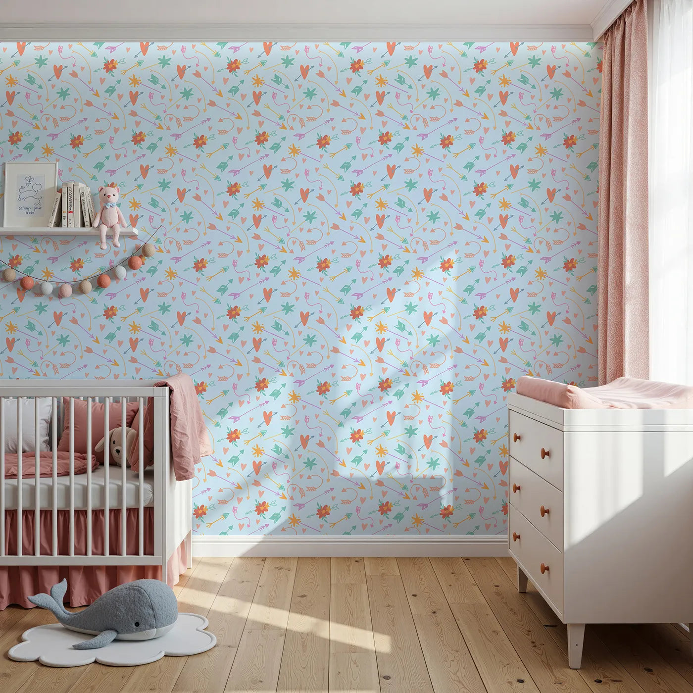 Front view of Whimsy Tots' Love and Arrows Bloom Parade Wallpaper in Sky Blue