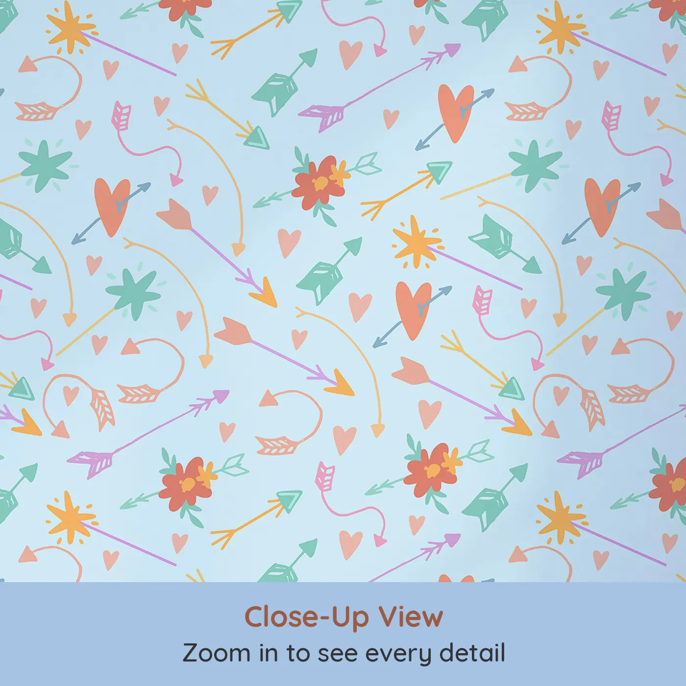 Close-up view of Whimsy Tots' Love and Arrows Bloom Parade Wallpaper in Sky Blue (W3145E).Pastel hearts and arrows dance across a light blue canvas.
