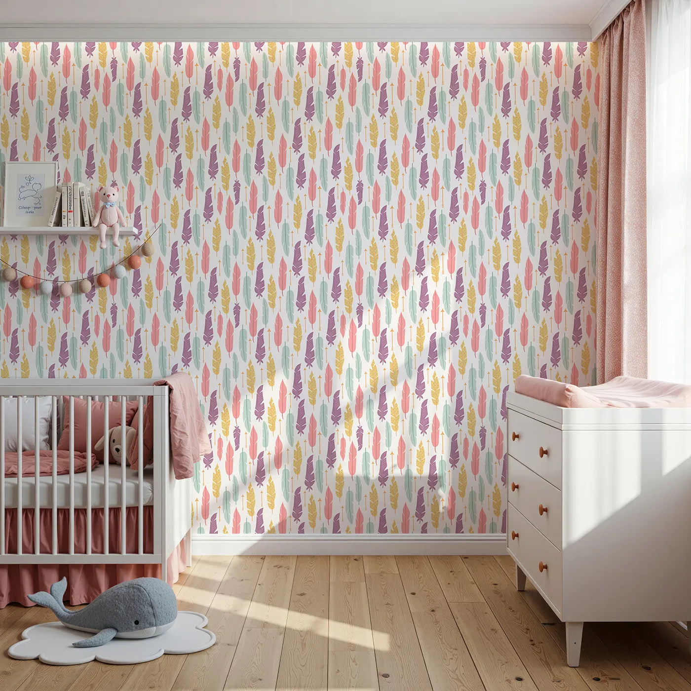 Front view of Whimsy Tots' Feather and Arrow Meadow Parade Wallpaper in Cream White