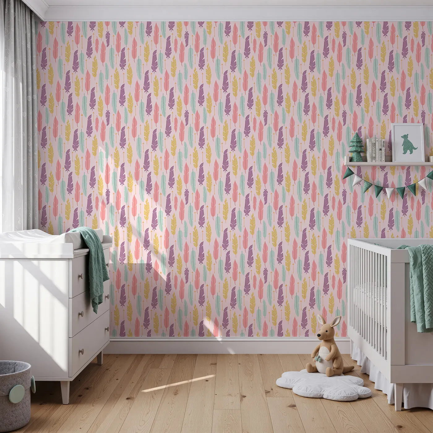 Front view of Whimsy Tots' Feather and Arrow Meadow Parade Wallpaper in Blush Pink