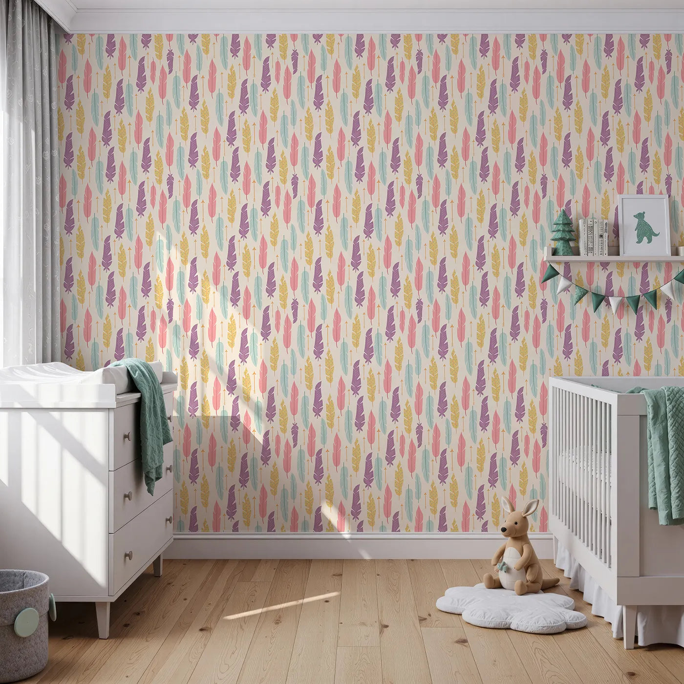 Front view of Whimsy Tots' Feather and Arrow Meadow Parade Wallpaper in Vanilla Cream