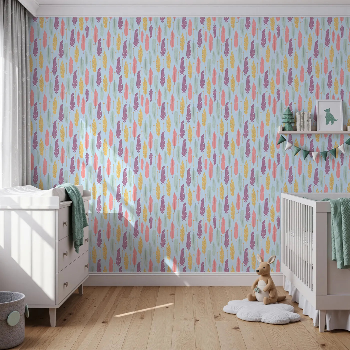 Front view of Whimsy Tots' Feather and Arrow Meadow Parade Wallpaper in Sky Blue