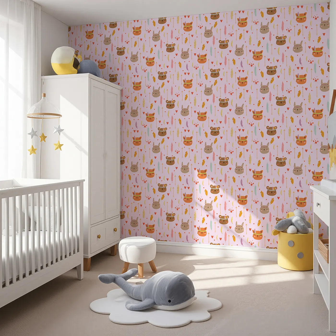 Angled view of Whimsy Tots' Woodland Tribe Hearts Wallpaper in Blush Lilac Pink (W3147A).Smiling animals, fluttering feathers, and tiny hearts fill the air with joy.