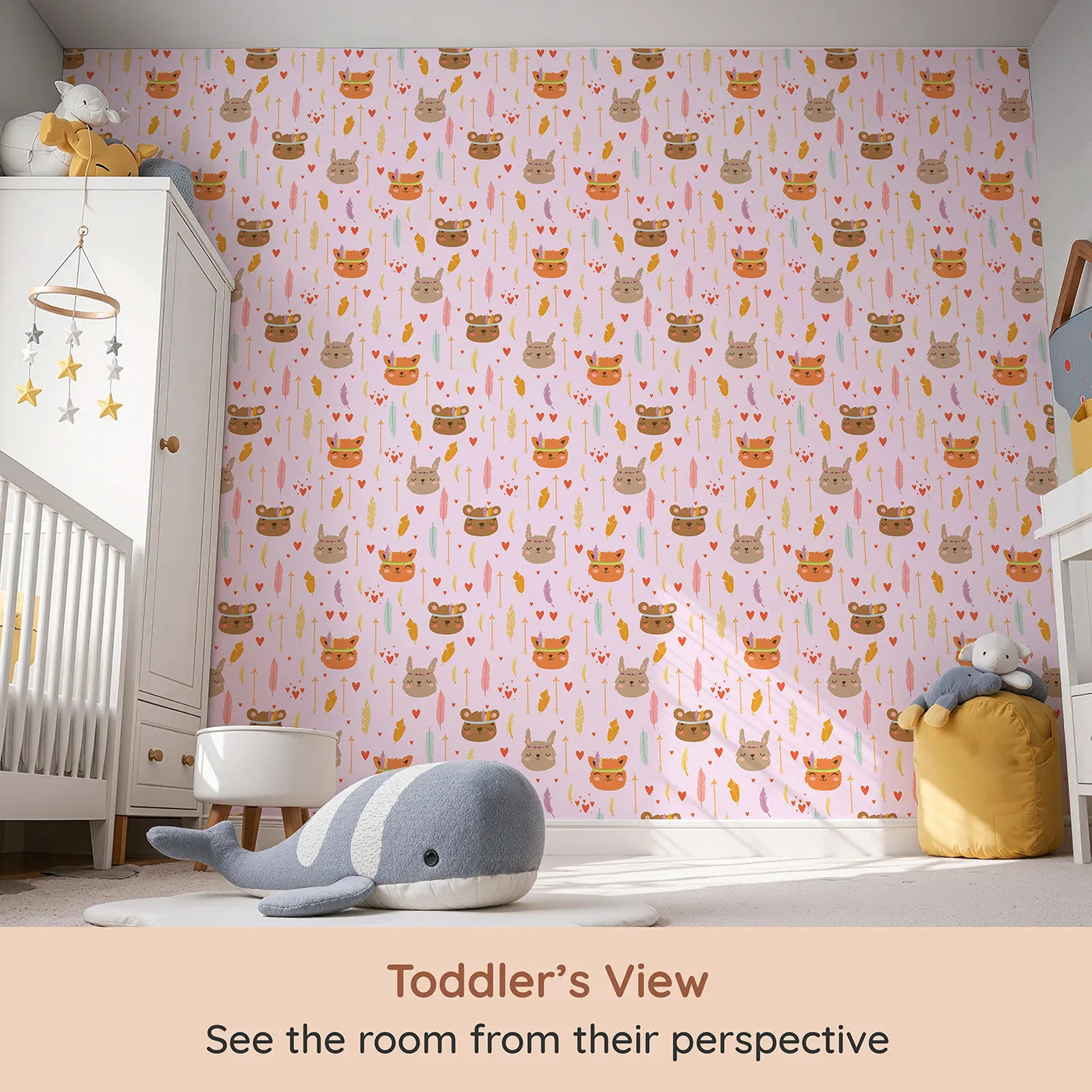 Whimsy Tots Woodland Tribe Hearts Wallpaper in Blush Lilac Pink (W3147A) from your child's view.Smiling animals, fluttering feathers, and tiny hearts fill the air with joy.