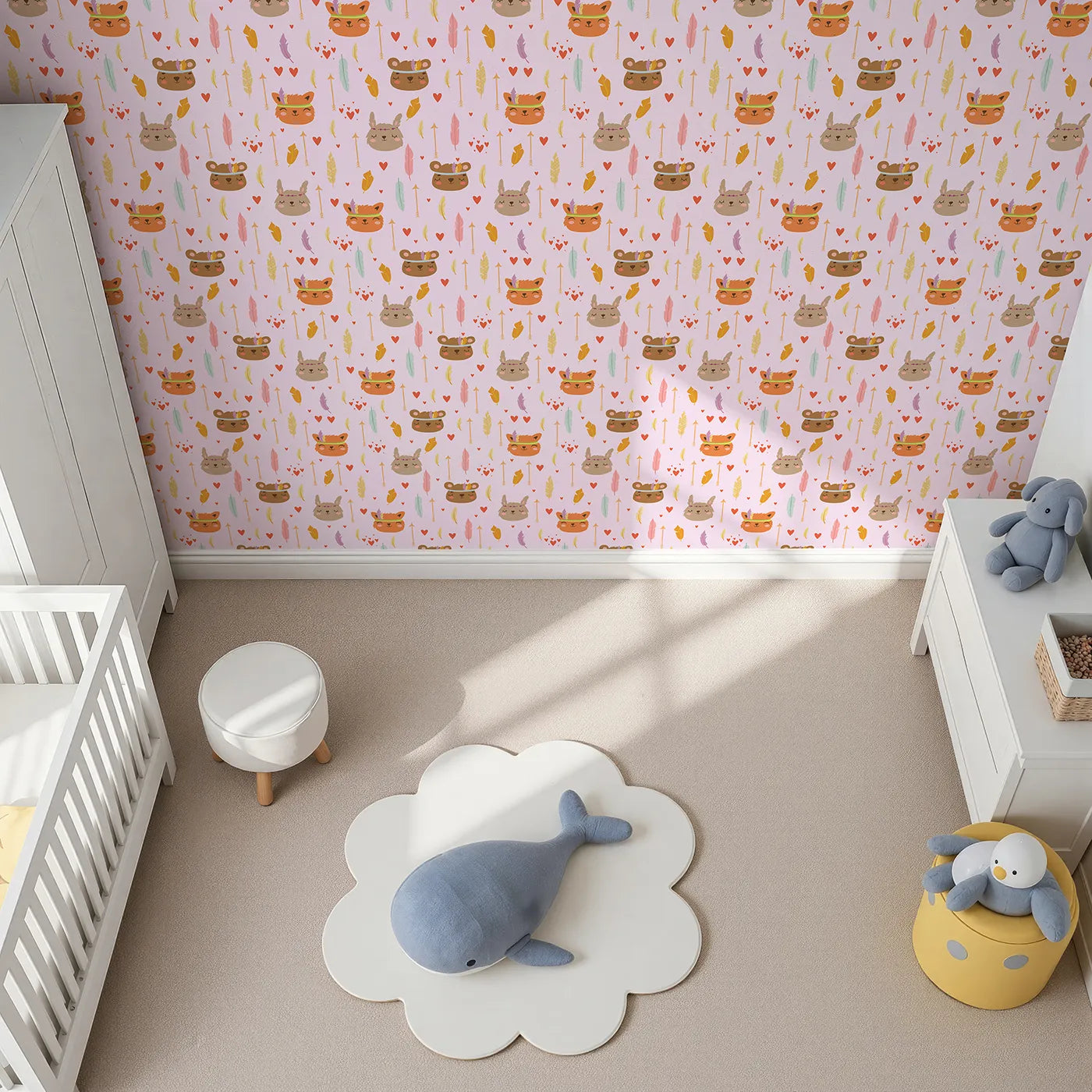 Top-Down view of Whimsy Tots' Woodland Tribe Hearts Wallpaper in Blush Lilac Pink (W3147A).Smiling animals, fluttering feathers, and tiny hearts fill the air with joy.