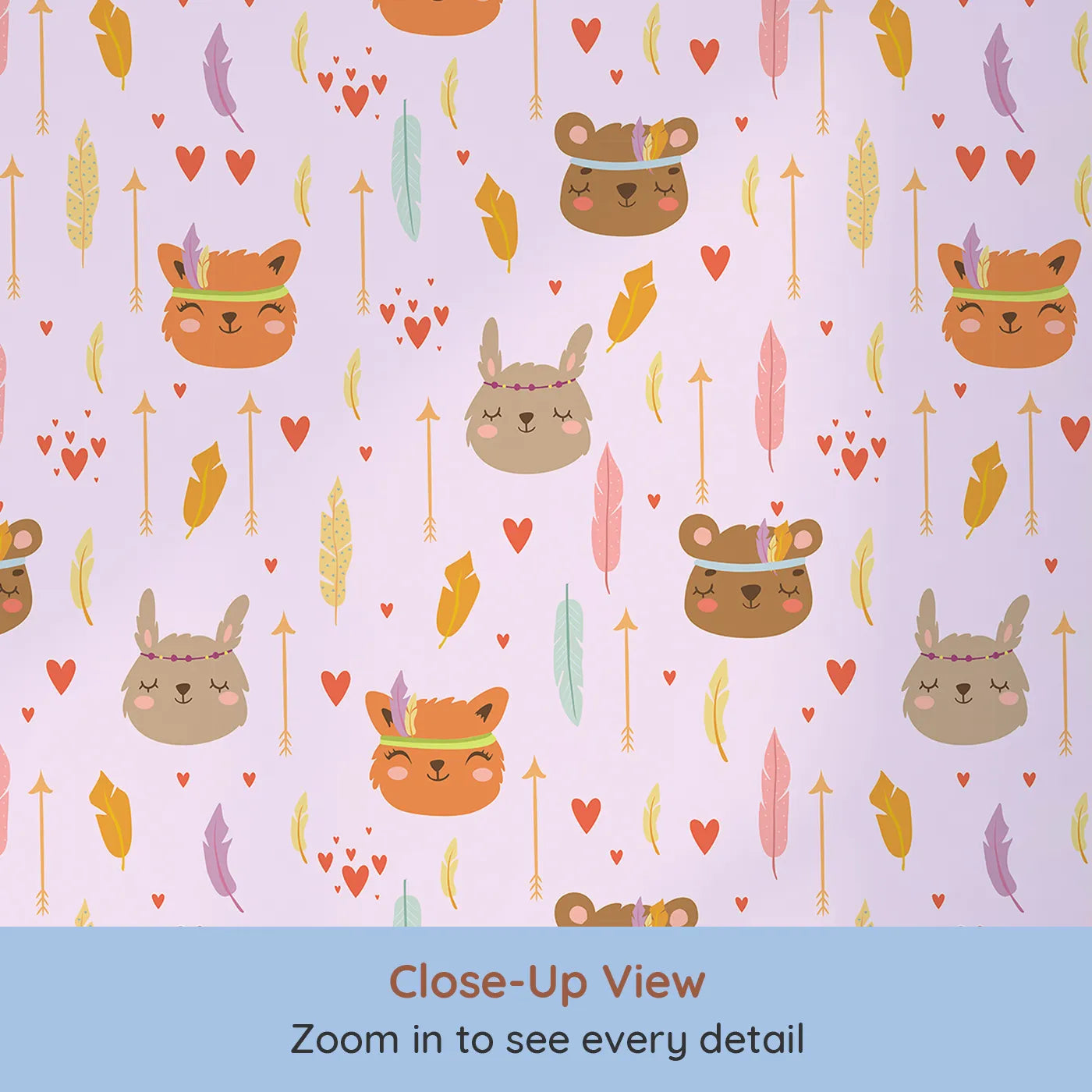 Close-up view of Whimsy Tots' Woodland Tribe Hearts Wallpaper in Blush Lilac Pink (W3147A).Smiling animals, fluttering feathers, and tiny hearts fill the air with joy.